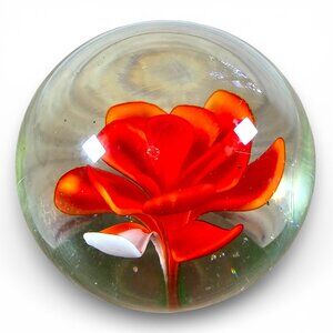 Glass Paperweight Red Orange Flower Clear Round Decorative 2"